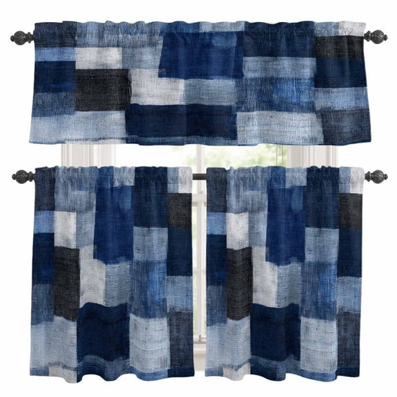 Dark Blue Patchwork Kitchen Curtains and Valances Set, Modern Abstract Indigo Patchwork Rod Pocket Window Valance 18 Inch Window Curtain Panels for Living Room Bedroom Laundry, 27.5x36in, 3 Pieces