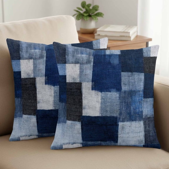 Dark Blue Patchwork Pillow Covers Set of 2, Modern Abstract Indigo Patchwork 20x20 Inch Decorative Throw Pillow Covers Soft Pillowcases with Zipper for Couch Sofa Bed Chair
