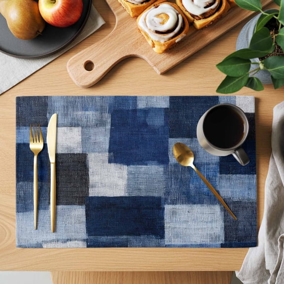 Dark Blue Patchwork Placemats Set of 1, Modern Abstract Indigo Patchwork Heat Insulated Linen Place Mats, Washable Stain-Proof Table Mats for Dining Tables Holiday Decor 13x19 Inches