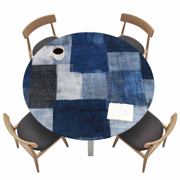 Dark Blue Patchwork Round Fitted Table Cover Modern Abstract Indigo Patchwork Waterproof Table Cloth with Elastic Edge Wipeable Tablecloth for Picnic Camping Party Fits 45"-54" Tables