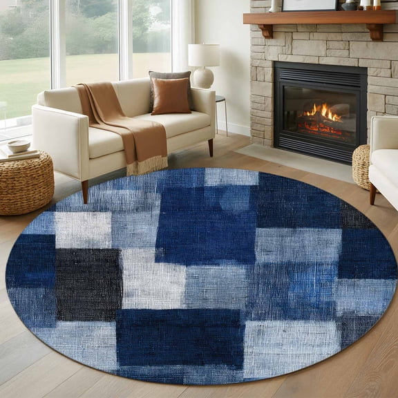 Dark Blue Patchwork Round Rug 6Ft Modern Abstract Indigo Patchwork Circle Area Rugs Washable Non Slip Indoor Floor Mats Carpet for Living Room Bedroom Dining Room Home Decor