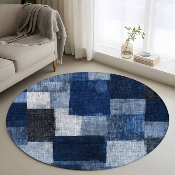Dark Blue Patchwork Round Rugs for Living Room 3ft Modern Abstract Indigo Patchwork Non Slip Circle Rug Washable Low-Profile Indoor Carpet for Bedroom, Dining Room, Bathroom