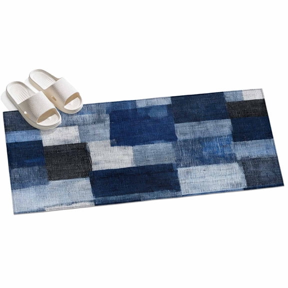 Dark Blue Patchwork Runner Rugs 2x6ft Modern Abstract Indigo Patchwork Washable Rug, Non Slip Indoor Carpet Absorbent Floor Mat for Living Room Bedroom Dining Room