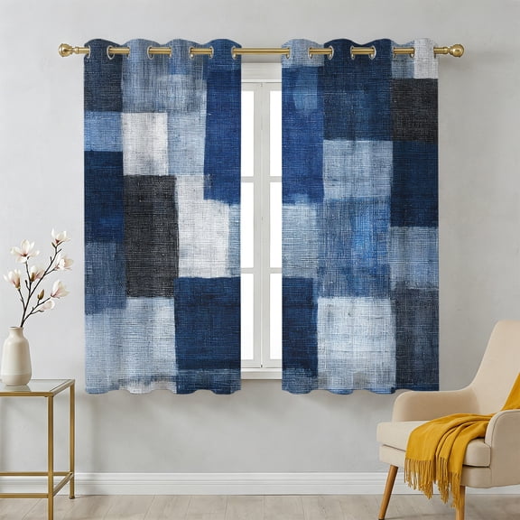 Dark Blue Patchwork Sheer Curtains 39 Inch Long 2 Panels, Modern Abstract Indigo Patchwork Light Filtering Semi Sheer Drapes Grommet Voile Window Curtain for Living Bedroom W27.9 x L39