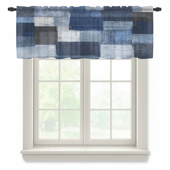 Dark Blue Patchwork Sheer Valances for Windows, Modern Abstract Indigo Patchwork Semi Sheer Kitchen Valance Rod Pocket Small Voile Window Curtains for Living Room Bedroom 60 x 18 Inch