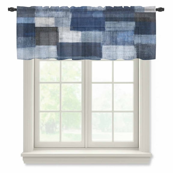 Dark Blue Patchwork Sheer Valances for Windows, Modern Abstract Indigo Patchwork Semi Sheer Kitchen Valance Rod Pocket Small Voile Window Curtains for Living Room Bedroom 42 x 12 Inch