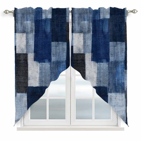 Dark Blue Patchwork Swag Curtain Valance for Window 2 Panels Modern Abstract Indigo Patchwork Rod Pocket Small Window Swag Valances for Kitchen Bedroom Bathroom 36" W x 36" L