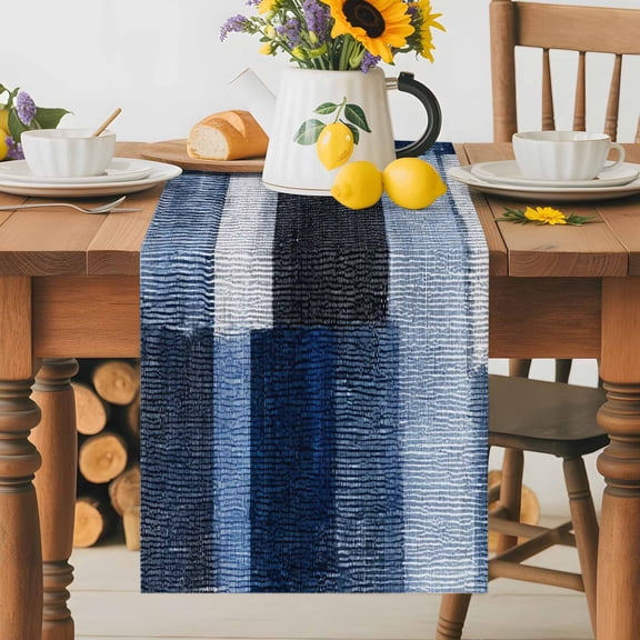 Dark Blue Patchwork Table Runner 13x72 Inch Modern Abstract Indigo Patchwork Cotton Linen Dining Table Runner Ideal for Dresser Kitchen Coffee Tables - Machine Washable