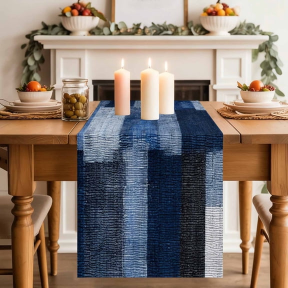 Dark Blue Patchwork Table Runner, Modern Abstract Indigo Patchwork Washable Cotton-linen Table Runners Dining Kitchen Decoration for Everyday Home Wedding Party Decor, 18 x72 Inch