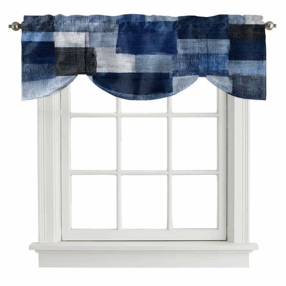 Dark Blue Patchwork Tie Up Valance Curtains Modern Abstract Indigo Patchwork Adjustable Light Filtering Tie Up Valance Small Window Shade for Kitchen Bedroom Cafe 42" W x 12" L