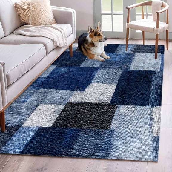 Dark Blue Patchwork Washable Area Rug 3x5 Modern Abstract Indigo Patchwork Low-Profile Small Area Rugs with Non Slip Backing Indoor Floor Carpet for Entrance Living Room Bedroom Home Office