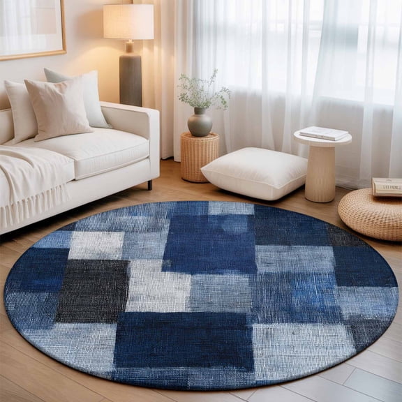 Dark Blue Patchwork Washable Round Area Rug 4 ft, Modern Abstract Indigo Patchwork, Soft Non Slip Rugs Stain Repellent Indoor Felt Carpet for Living Dining Room Bedroom Home Office