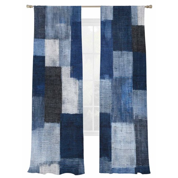 Dark Blue Patchwork Window Sheer Curtain Modern Abstract Indigo Patchwork Semi Curtain Sheers Light Filtering Rod Pocket Voile Drapes for Bedroom Kitchen Living Room 52 X 96 Inch, 2 Panels