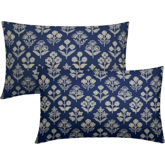 Dark Blue Pillow Covers 12x20 Inch Set of 2, Cream Floral Block Print Pattern Lumbar Decorative Throw Pillowcases Outdoor Farmhouse Rectangle Cushion Covers Spring Summer Sofa Couch Bed Decor
