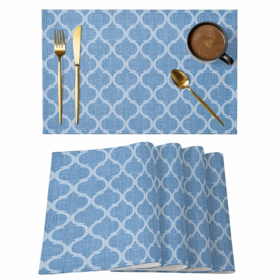 Dark Blue Plaid Placemats Set of 2, Retro Country Moroccan National Geometrical Plaid Non-Slip Place Mats Washable Table Mats for Kitchen Dining Table Decorations Indoor/Outdoor