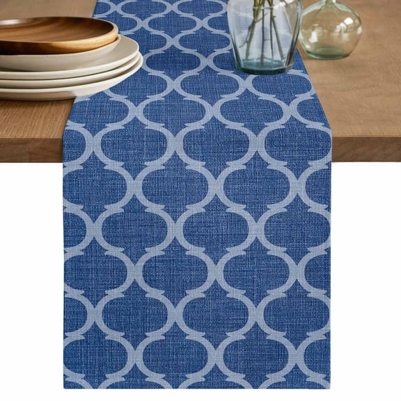 Dark Blue Plaid Table Runner, Retro Country Moroccan National Geometrical Plaid Cotton Linen Kitchen Table Decoration Washable Dining Tabletop Runners for Home Party Decor 13x48 Inches