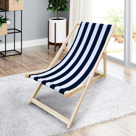Dark Blue Populus Wood Sling Chair - Folding Outdoor Chaise Lounge With Broad Stripe, 24.71 In. Width, 40.81 Depth For Garden Use Chair, 7.72 Lb Weight, 220 Lbs Limit