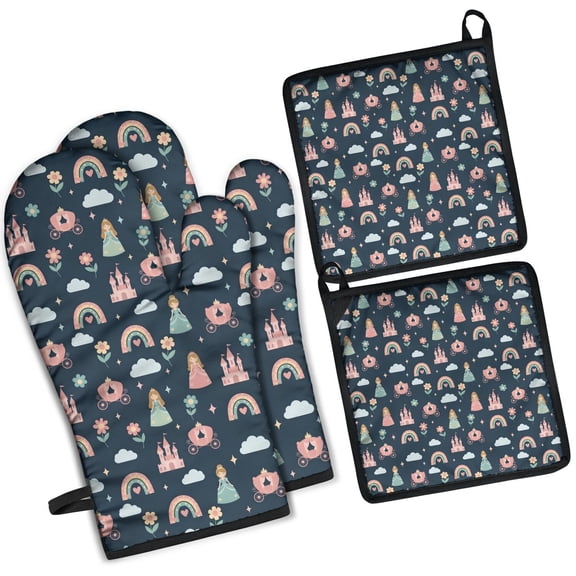 Dark Blue Princess Castle Carriage Pattern Kitchen Oven Mitt and Pot Holder Sets 2 Pcs for Baking, Cooking and Grilling, Heat Resistant Up To 392 °F
