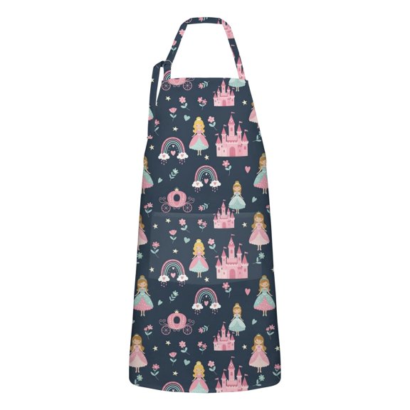 Dark Blue Princess Castle Night Pattern Apron-Garden Aprons for Women with Pockets-Cotton Linen Waterproof Kitchen Cooking Gardening Aprons Adjustable for Kitchen,Cooking,BBQ and Salon 33x27 Inch