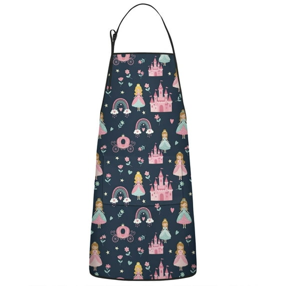 Dark Blue Princess Castle Night Pattern Apron-Garden Aprons for Women with Pockets-Cotton Linen Waterproof Kitchen Cooking Gardening Aprons Adjustable for Kitchen,Cooking,BBQ and Salon 33x27 Inch