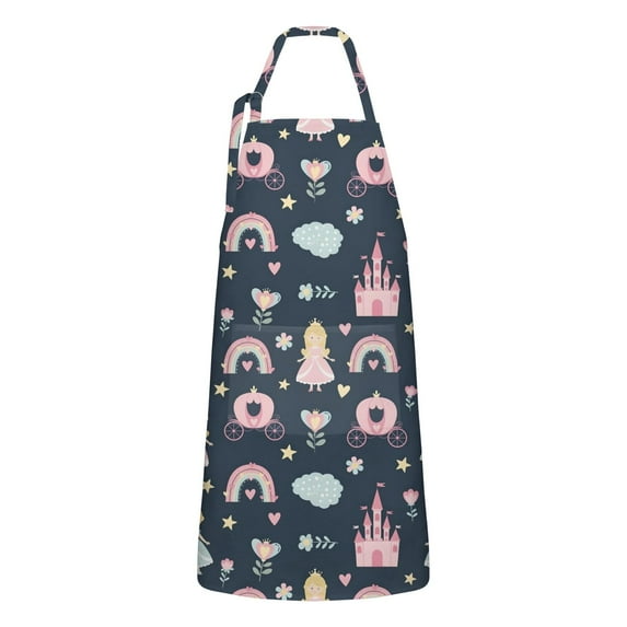 Dark Blue Princess Castle Pattern Apron-Garden Aprons for Women with Pockets-Cotton Linen Waterproof Kitchen Cooking Gardening Aprons Adjustable for Kitchen,Cooking,BBQ and Salon 33x27 Inch