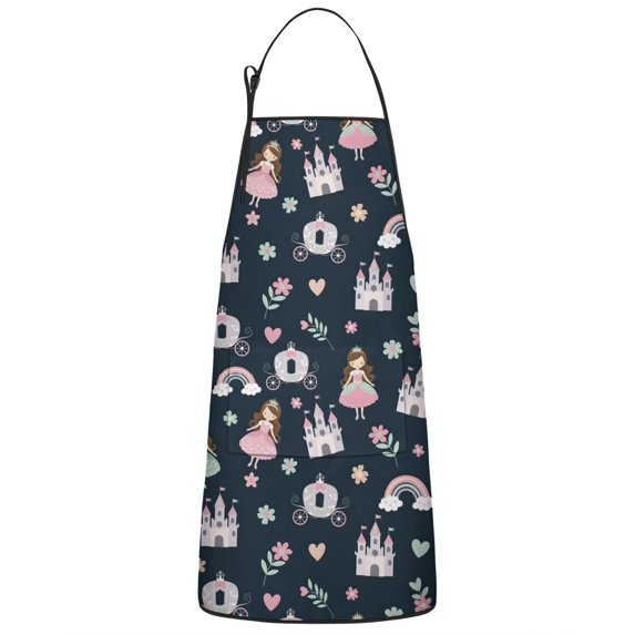 Dark Blue Princess Castle Pattern Apron-Garden Aprons for Women with Pockets-Cotton Linen Waterproof Kitchen Cooking Gardening Aprons Adjustable for Kitchen,Cooking,BBQ and Salon 33x27 Inch