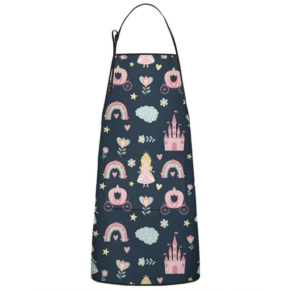 Dark Blue Princess Castle Pattern Apron-Garden Aprons for Women with Pockets-Cotton Linen Waterproof Kitchen Cooking Gardening Aprons Adjustable for Kitchen,Cooking,BBQ and Salon 33x27 Inch