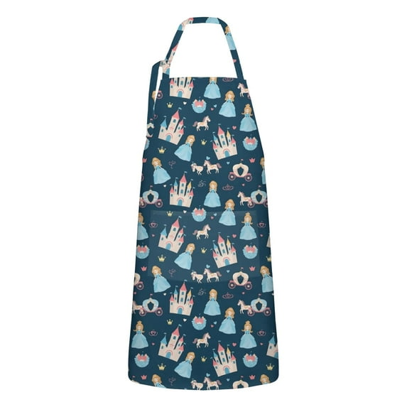 Dark Blue Princess Castle Pattern Apron-Garden Aprons for Women with Pockets-Cotton Linen Waterproof Kitchen Cooking Gardening Aprons Adjustable for Kitchen,Cooking,BBQ and Salon 33x27 Inch