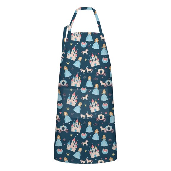 Dark Blue Princess Castle Pattern Apron-Garden Aprons for Women with Pockets-Cotton Linen Waterproof Kitchen Cooking Gardening Aprons Adjustable for Kitchen,Cooking,BBQ and Salon 33x27 Inch