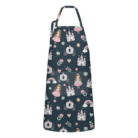 Dark Blue Princess Castle Pattern Apron-Garden Aprons for Women with Pockets-Cotton Linen Waterproof Kitchen Cooking Gardening Aprons Adjustable for Kitchen,Cooking,BBQ and Salon 33x27 Inch