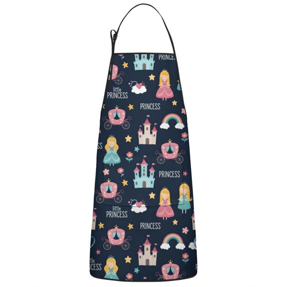 Dark Blue Princess Castle Pattern Apron-Garden Aprons for Women with Pockets-Cotton Linen Waterproof Kitchen Cooking Gardening Aprons Adjustable for Kitchen,Cooking,BBQ and Salon 33x27 Inch