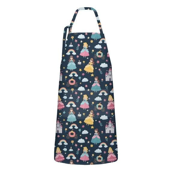 Dark Blue Princess Castle Pattern Apron-Garden Aprons for Women with Pockets-Cotton Linen Waterproof Kitchen Cooking Gardening Aprons Adjustable for Kitchen,Cooking,BBQ and Salon 33x27 Inch