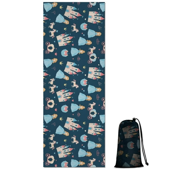 Dark Blue Princess Castle Pattern Hot Yoga Mat Towel Non Slip for Hot Yoga - Quick-Drying Yoga Mat Cover with 4 Corner Pockets with Travel Bag - Hot Yoga Towel Non Slip 74"x26"