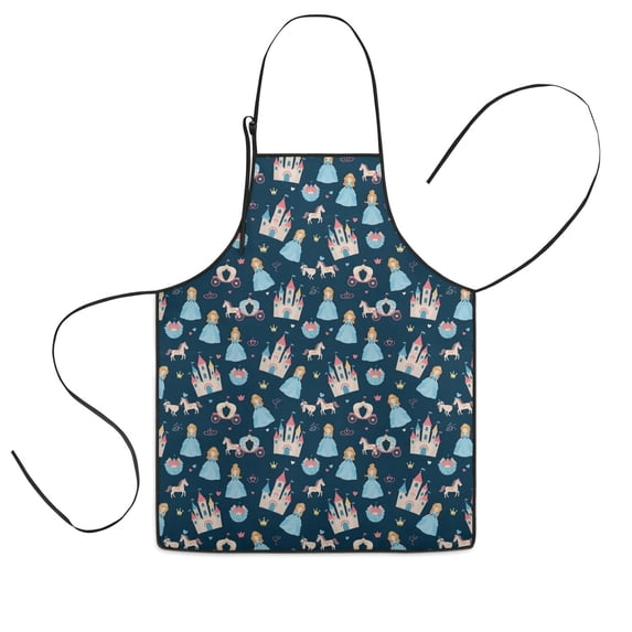 Dark Blue Princess Castle Pattern Kids Aprons for Girls and Boys,Adjustable Neck Strap Toddler Aprons for Kids Cooking Baking,23.6"x19"