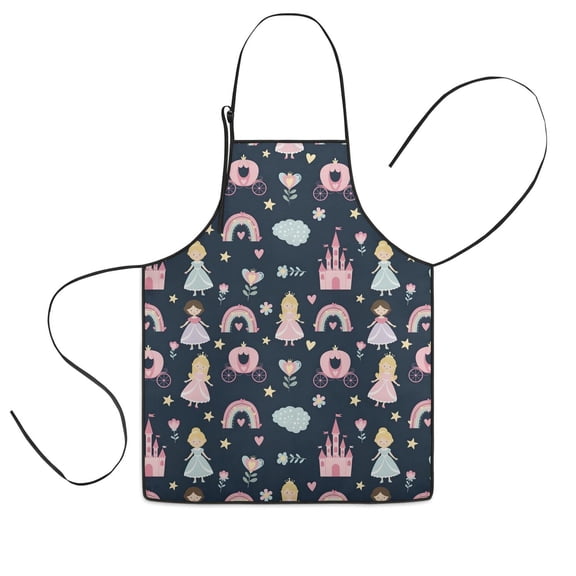Dark Blue Princess Castle Pattern Kids Aprons for Girls and Boys,Adjustable Neck Strap Toddler Aprons for Kids Cooking Baking