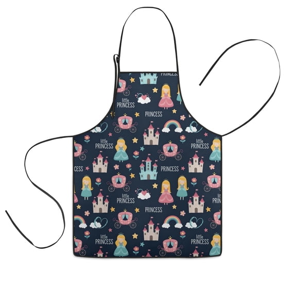 Dark Blue Princess Castle Pattern Kids Aprons for Girls and Boys,Adjustable Neck Strap Toddler Aprons for Kids Cooking Baking
