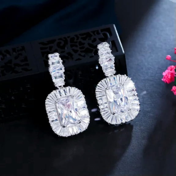 Dark Blue Princess Cut CZ Crystal 925 Silver Dangle Drop Earrings for Brides