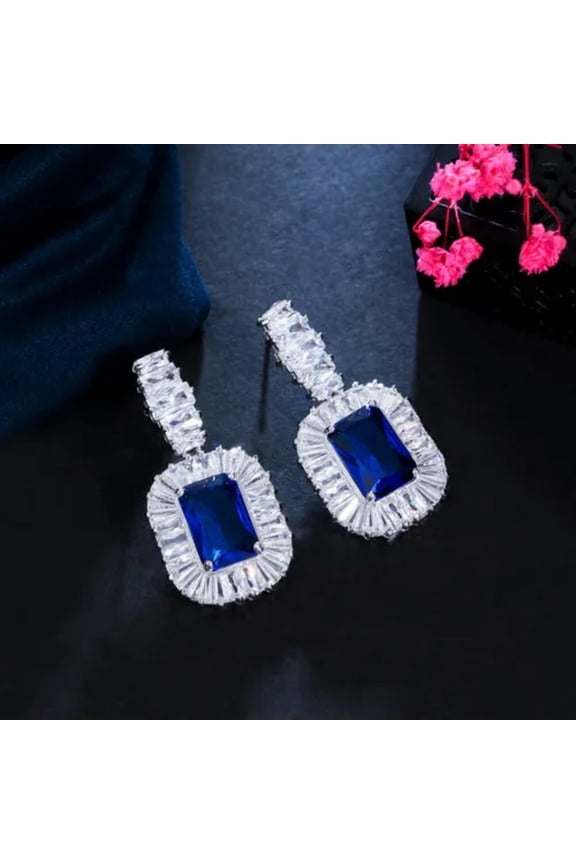 Dark Blue Princess Cut CZ Crystal 925 Silver Dangle Drop Earrings for Brides