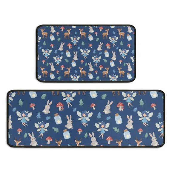 Dark Blue Princess Fairy Forest Pattern Kitchen Rugs Sets Of 2,Anti Fatigue Kitchen Mat Rugs Non Slip Washable,Decorative Kitchen Floor Mats for Kitchen,Sink,Laundry,17"X30"+17"X47"