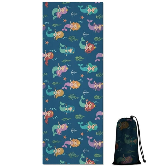 Dark Blue Princess Mermaid Sea Pattern Hot Yoga Mat Towel Non Slip for Hot Yoga - Quick-Drying Yoga Mat Cover with 4 Corner Pockets with Travel Bag - Hot Yoga Towel Non Slip 74"x26"