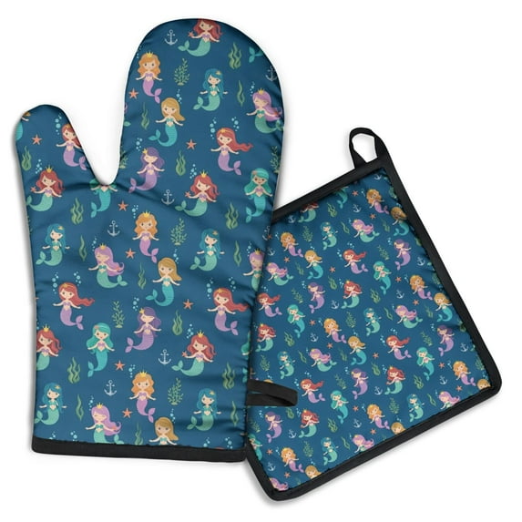 Dark Blue Princess Mermaid Sea Pattern Kitchen Oven Mitt and Pot Holder Sets 4 Pcs for Baking, Cooking and Grilling, Heat Resistant Up To 392 °F