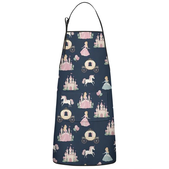 Dark Blue Princess Unicorn Pattern Apron-Garden Aprons for Women with Pockets-Cotton Linen Waterproof Kitchen Cooking Gardening Aprons Adjustable for Kitchen,Cooking,BBQ and Salon 33x27 Inch