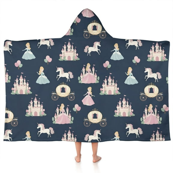 Dark Blue Princess Unicorn Pattern Hooded Bath Towel,50"x30" for Ages 3 To 12 Kids, Quick Dry Lightweight Soft Microfiber Hood Beach Towel Cover Up for Kids