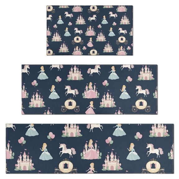 Dark Blue Princess Unicorn Pattern Kitchen Rugs Sets Of 3,Kitchen Runner Rugs Non Skid Washable,Decorative Kitchen Floor Mats for Kitchen,Sink,Laundry,17"x30"+ 17"x47" + 17"x59"
