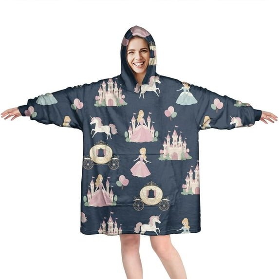 Dark Blue Princess Unicorn Pattern Wearable Oversized Blanket,Wearable Blanket Hoodie for Adults,Cozy Hooded Blankets with Super Pockets,Super Warm Fuzzy Pullover for Women & Men