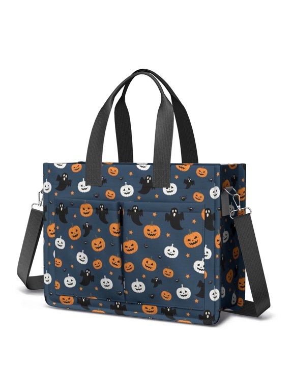 Dark Blue Pumpkin Ghost Halloween Pattern Canvas Messenger Tote Bag, Nurse Handbag with Multi Pockets & Removable Strap, Durable Canvas Gifts for Birthday Christmas Thanksgiving