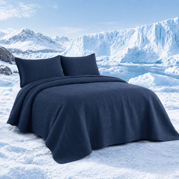 Dark Blue Queen Size Quilt Bedspread with 2 Shams, All Season Lightweight Summer Coverlet