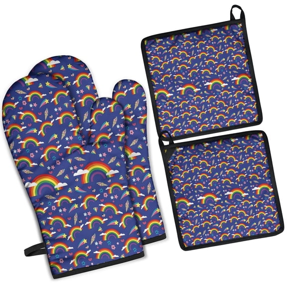 Dark Blue Rainbow Pattern Kitchen Oven Mitt and Pot Holder Sets 2 Pcs for Baking, Cooking and Grilling, Heat Resistant Up To 392 °F