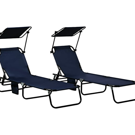 Dark Blue Reclining Beach Chairs - With Canopy And Breathable Fabric Folding For Sunbathing Side Pocket
