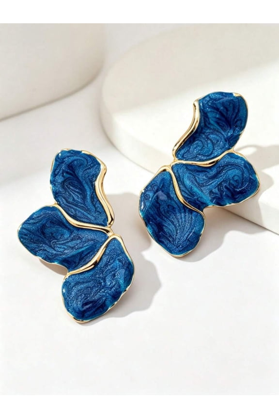 Dark Blue Resin Leaf Statement Earrings With Gold-Tone Edging, Elegant Dangle For Casual Or Formal Wear